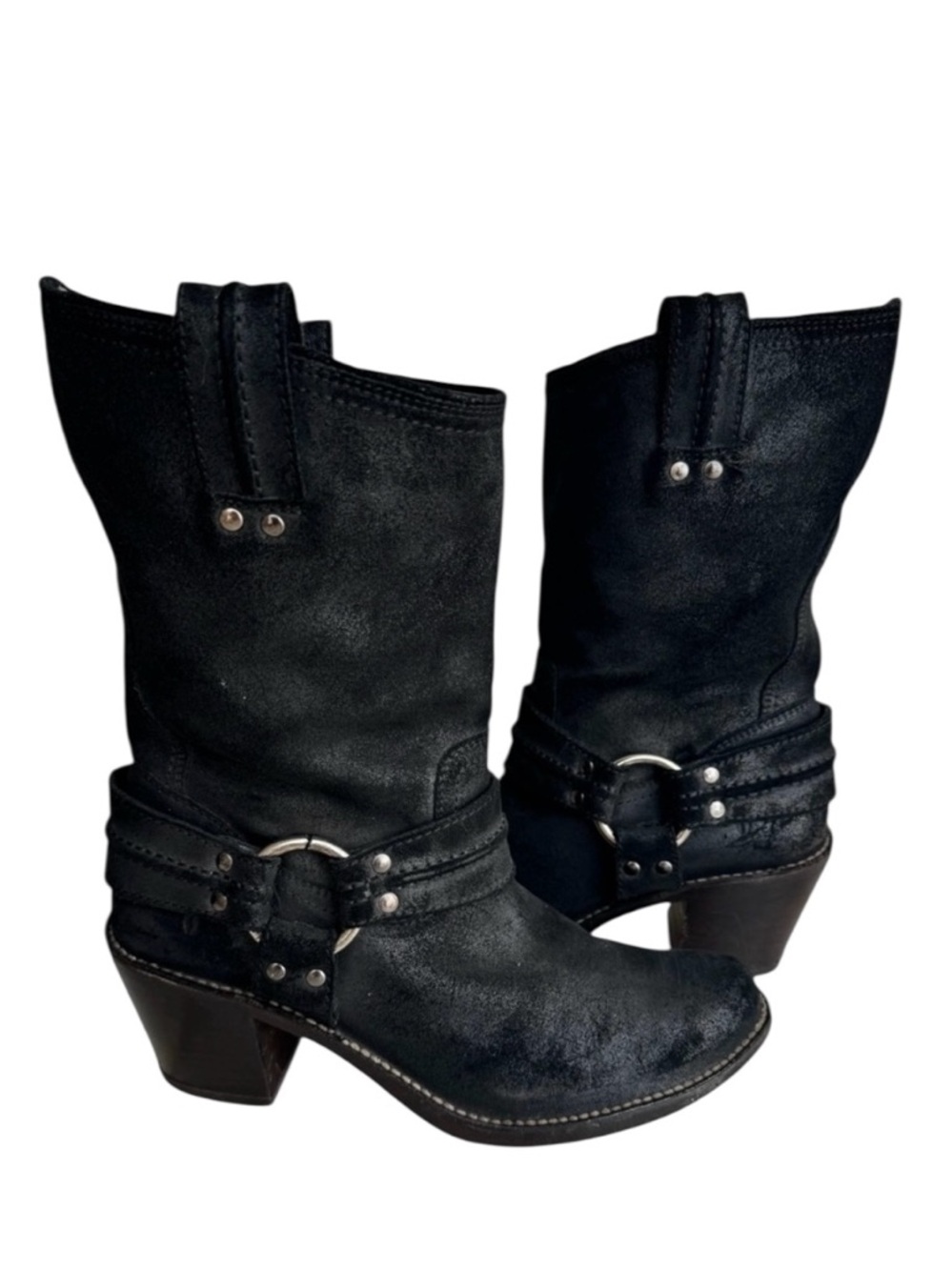 FRYE Carmen Harness Boots Black Suede Moto Boots